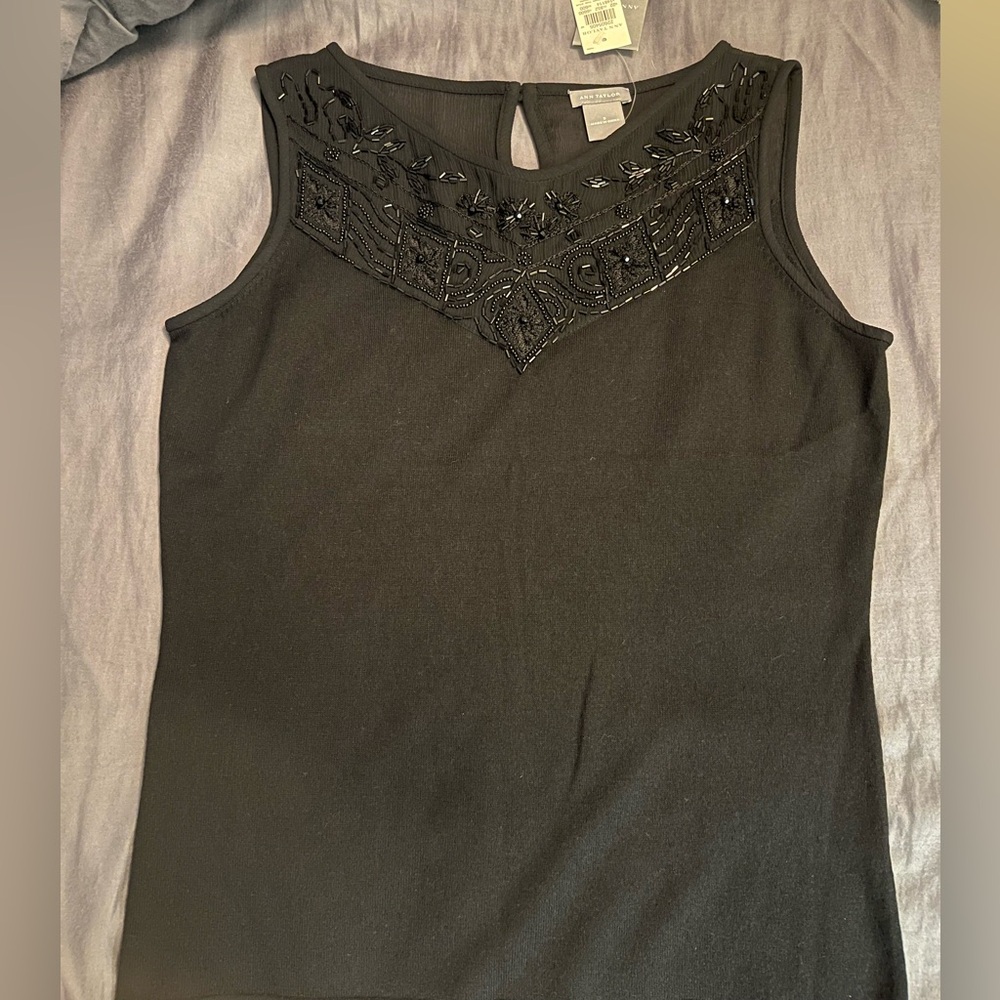 Ann Taylor Black Sleeveless Beaded and Embroidered Blouse